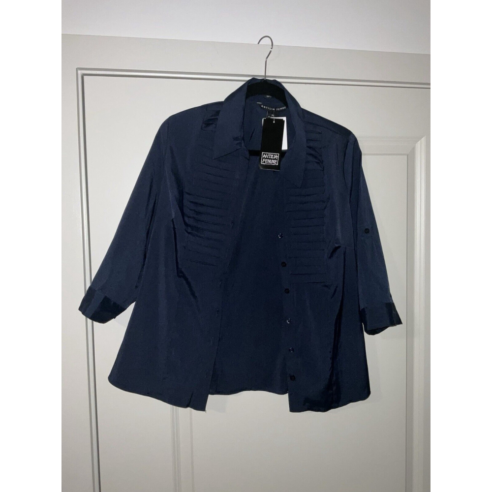 Womens Top Blouse Size PL Blue Button Down Pleats‎ Stretch New Antilia Femme